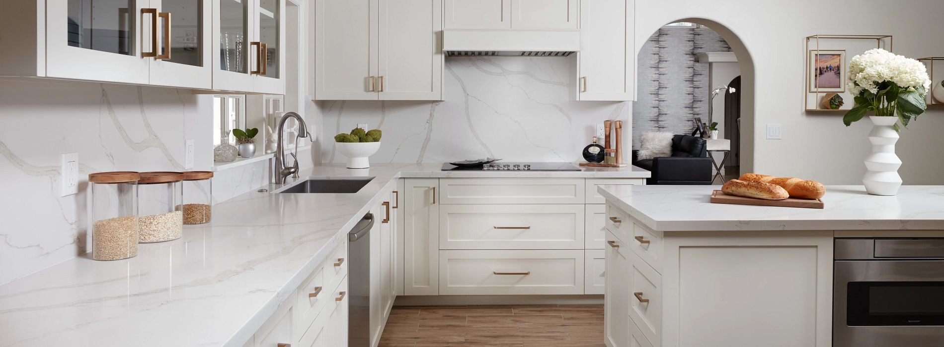 kitchen with white granite countertops by arizona tile