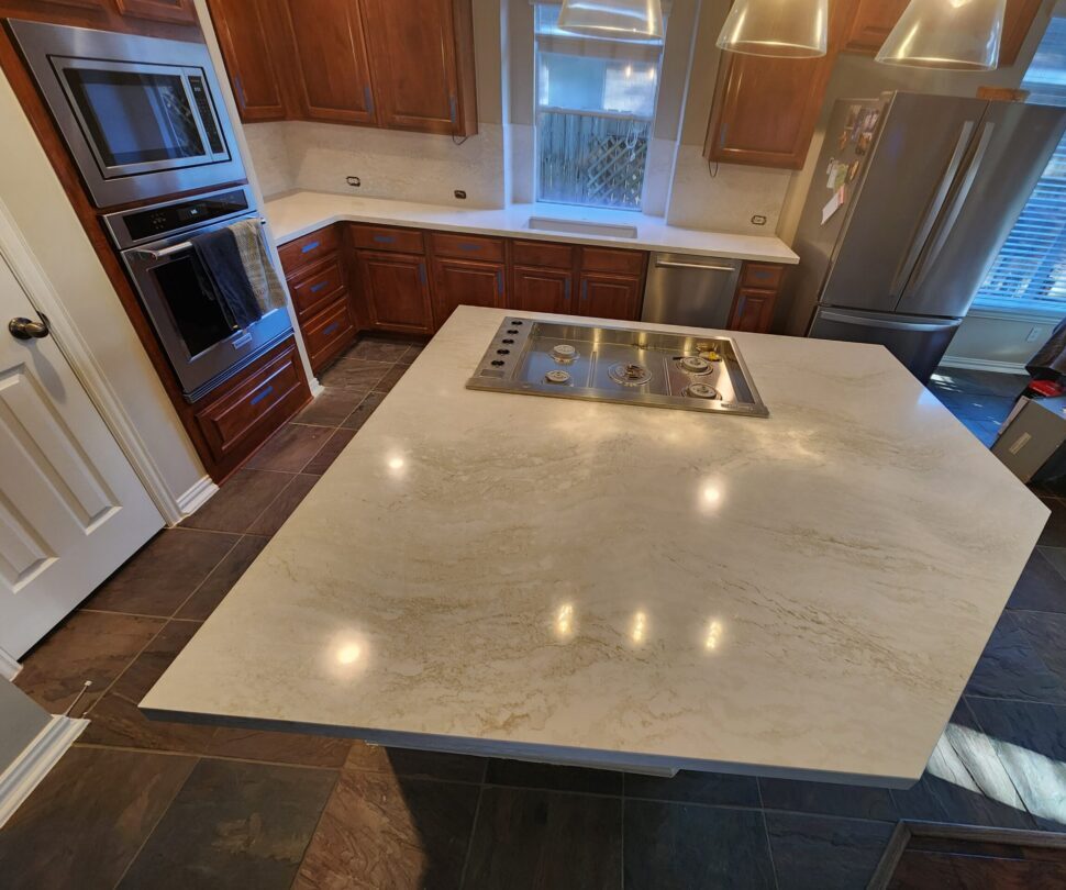 Quartz Polishing for Smooth, Long-Lasting Countertops polished quartz countertop island in modern kitchen