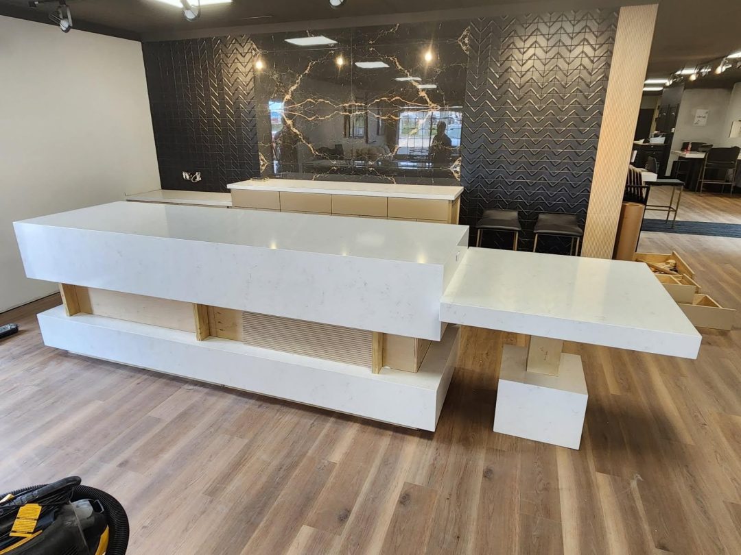 beautiful modern white quartz countertop island installation