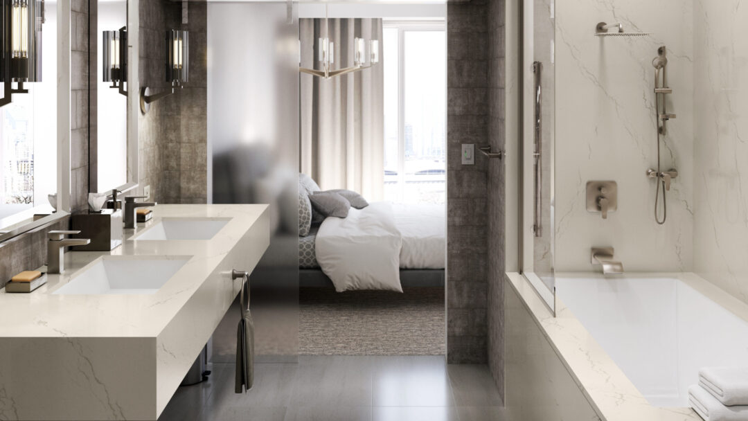 Cambria Surfaces Inverness Frost Quartz Shower