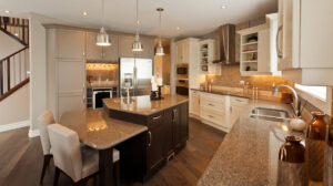 modern kitchen with island and quartz countertops