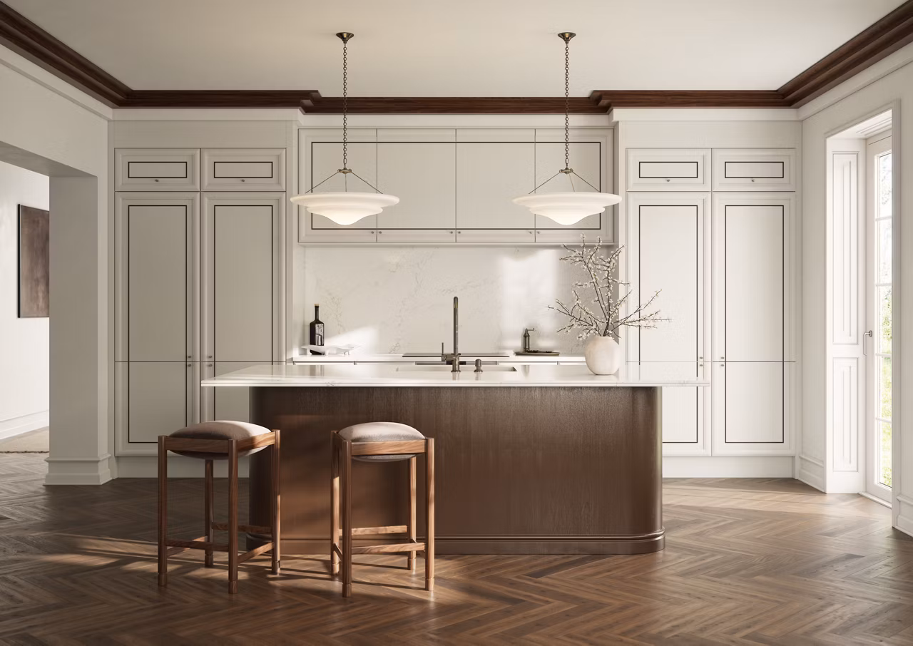 Colton Quartz Backsplash by Cambria - R & D Marble, Inc. White modern kitchen with Cambria quartz backsplash in Colton