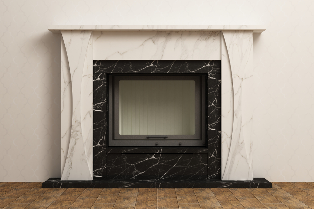 Stylish black and white fireplace in the interior.