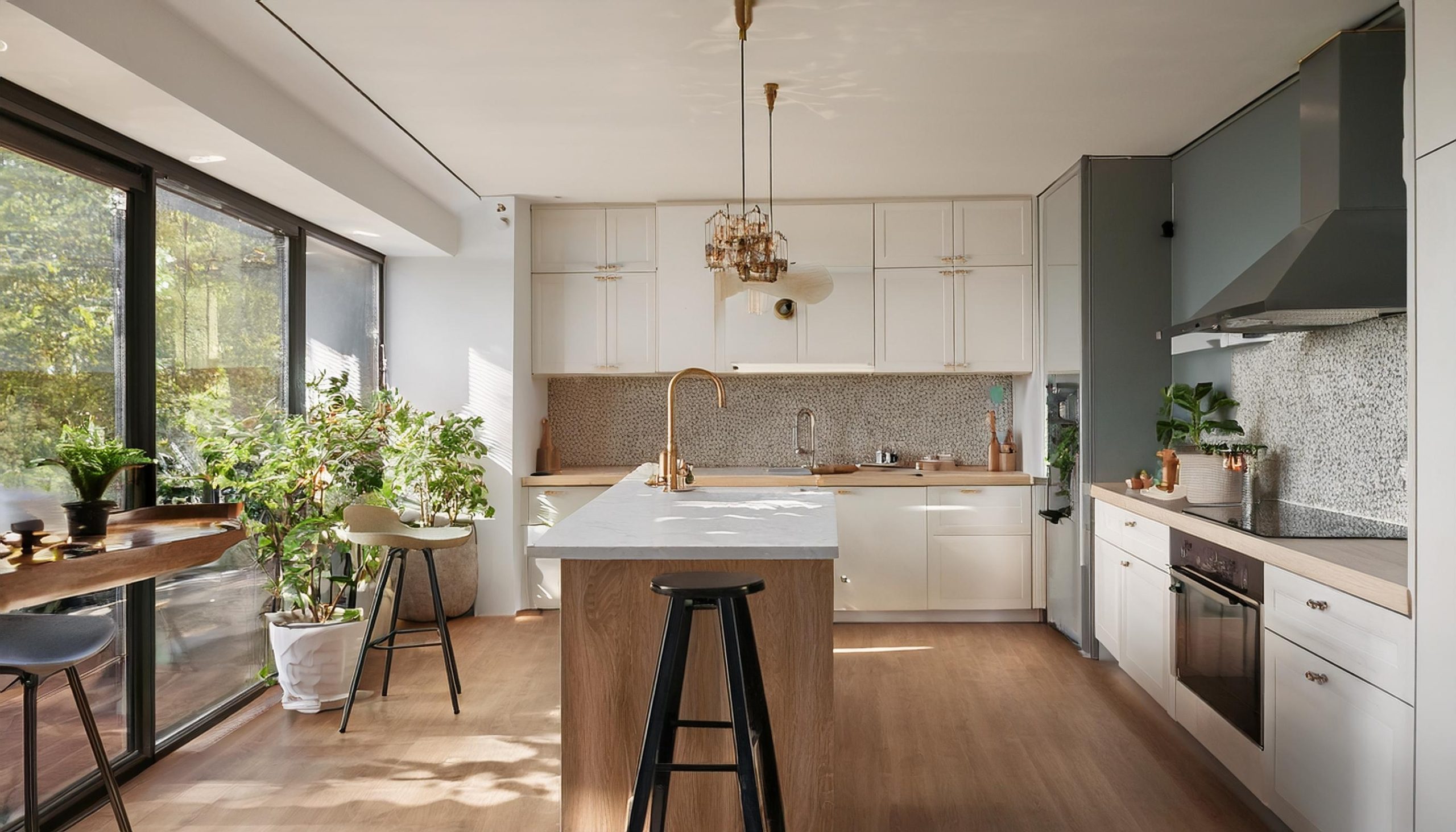 Natural Earthy Kitchen Countertops: Bring the Outdoors Inside Stylish home kitchen interior with bar island and sink, fridge and kitchenware.