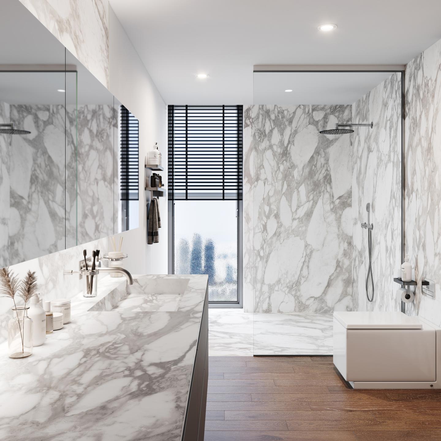 Urban and dynamic Bathroom design featuring LX Hausys Teracanto Porcelain in Arabescato Royale.