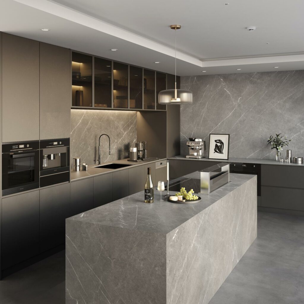 Kitchen with modern sophistication featuring LX Hausys Teracanto Porcelain countertops and island in Pietra Gray.