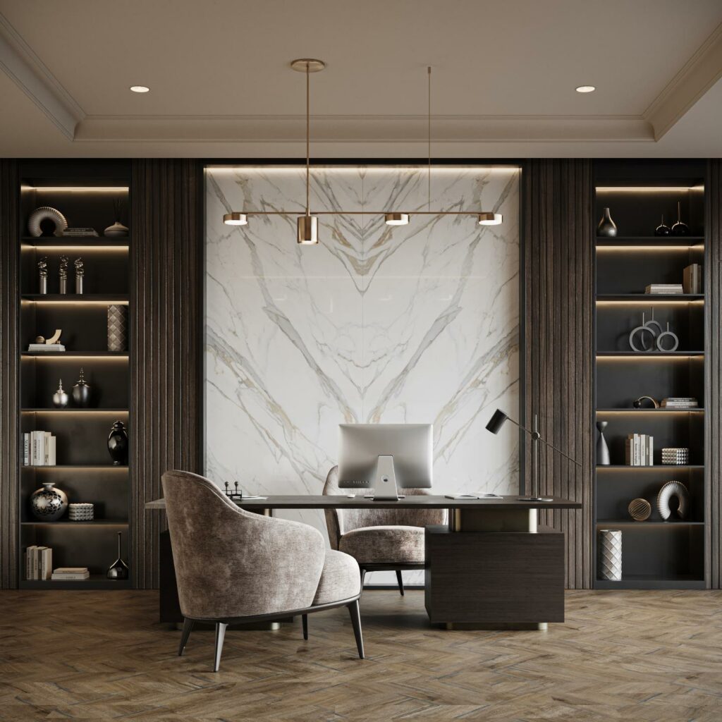 Office design idea with a Teracanto Porcelain Calacatta Gold wall.