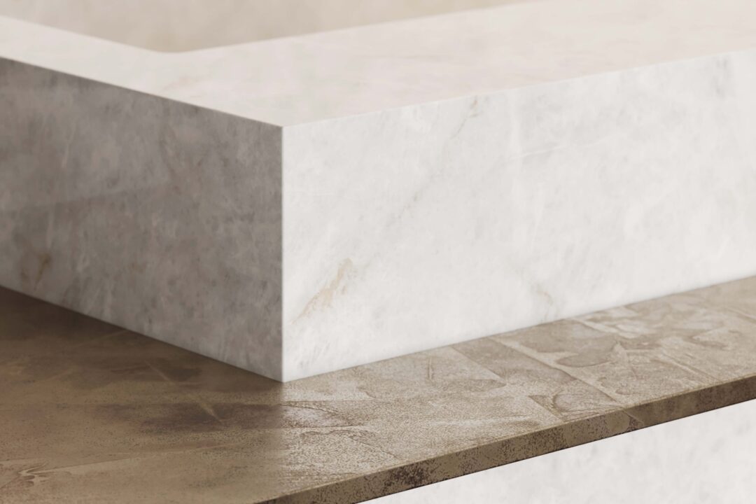 TERACANTO - Cristallo - R & D Marble, Inc. Rendered image of a hospitality reception desk made with Teracanto porcelain in the shade Cristallo.