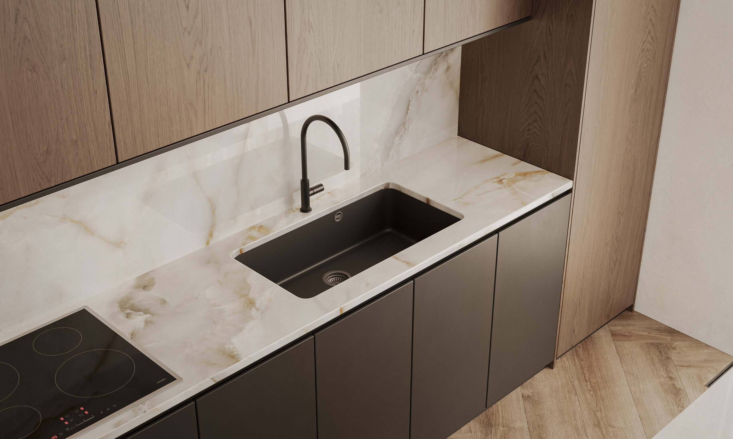 Interior view of modern kitchen with TERACANTO Porcelain countertop and backsplash in the shade Onyx Pearl.