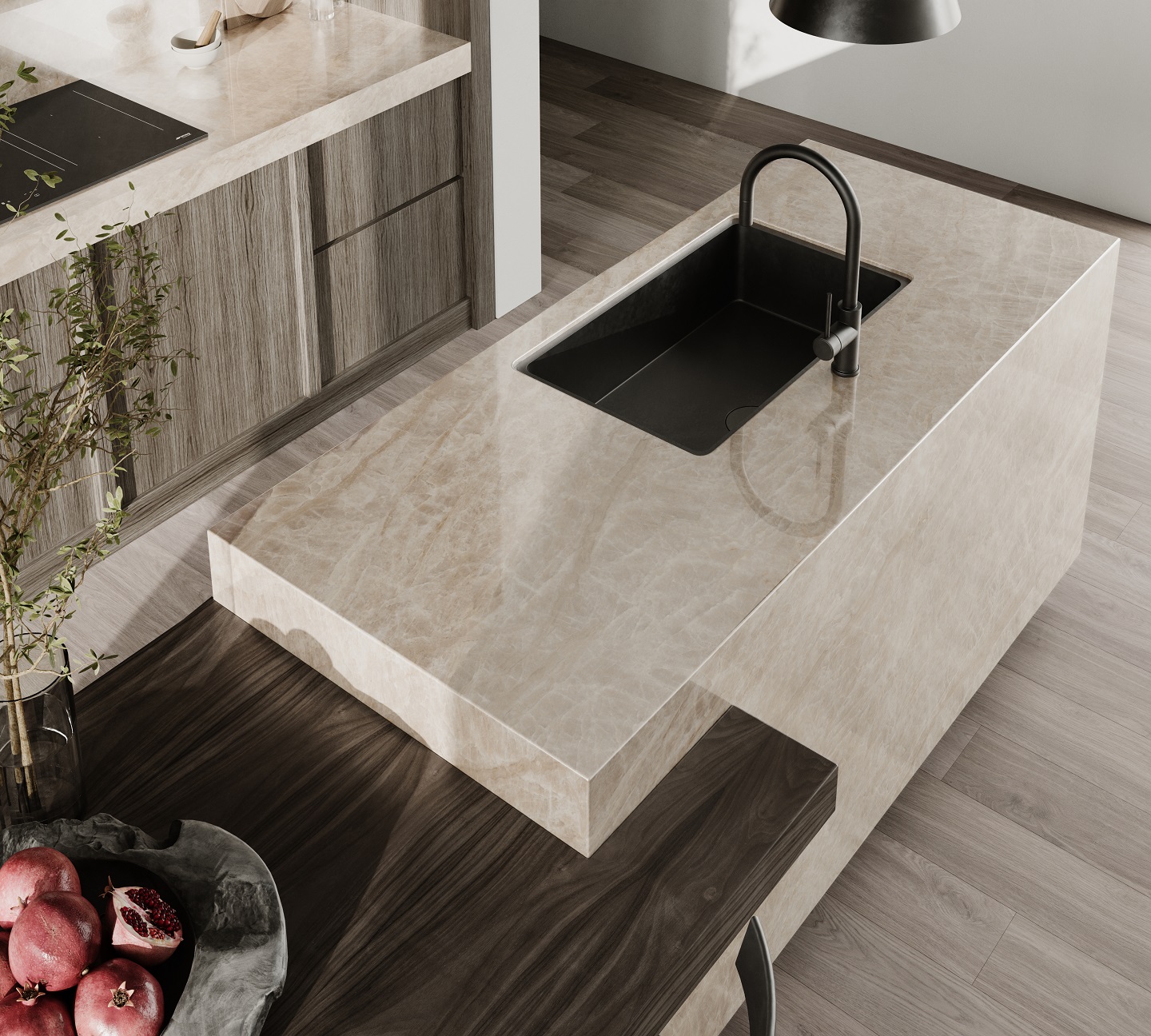A high angle shot of a custom kitchen island with Teracanto porcelain countertops in the shade Taj Mahal.