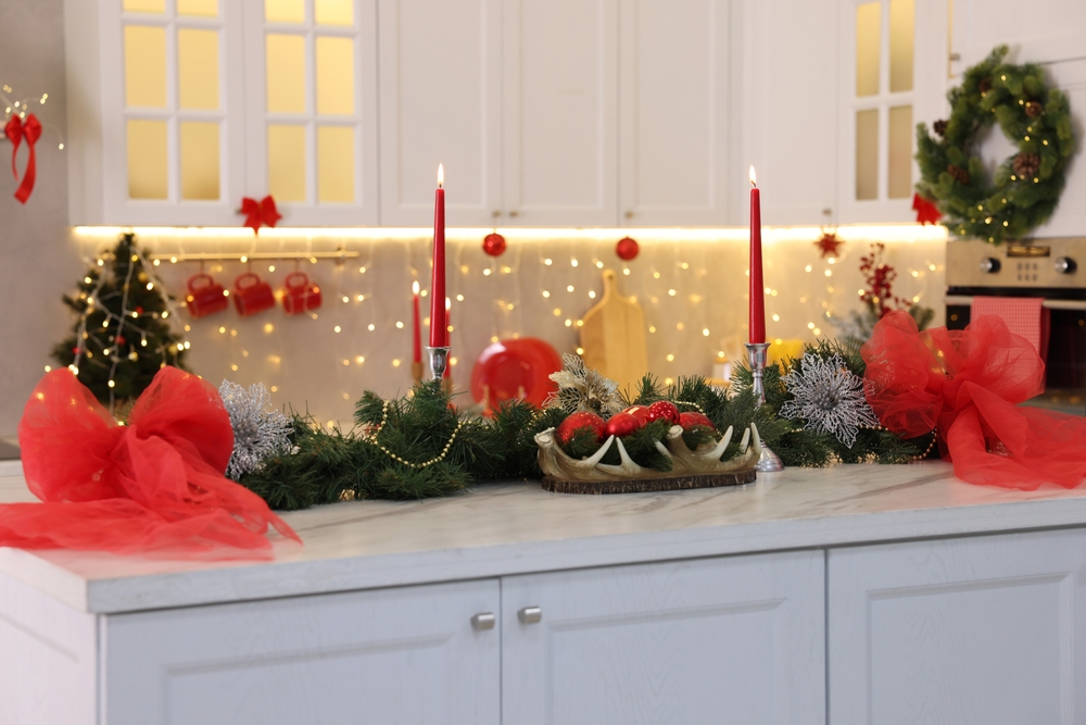 Holiday Joy and Fresh Starts With Custom Countertops Christmas decor on countertop in kitchen. Interior design