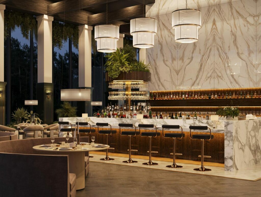 A luxurious hotel bar with porcelain countertops.
