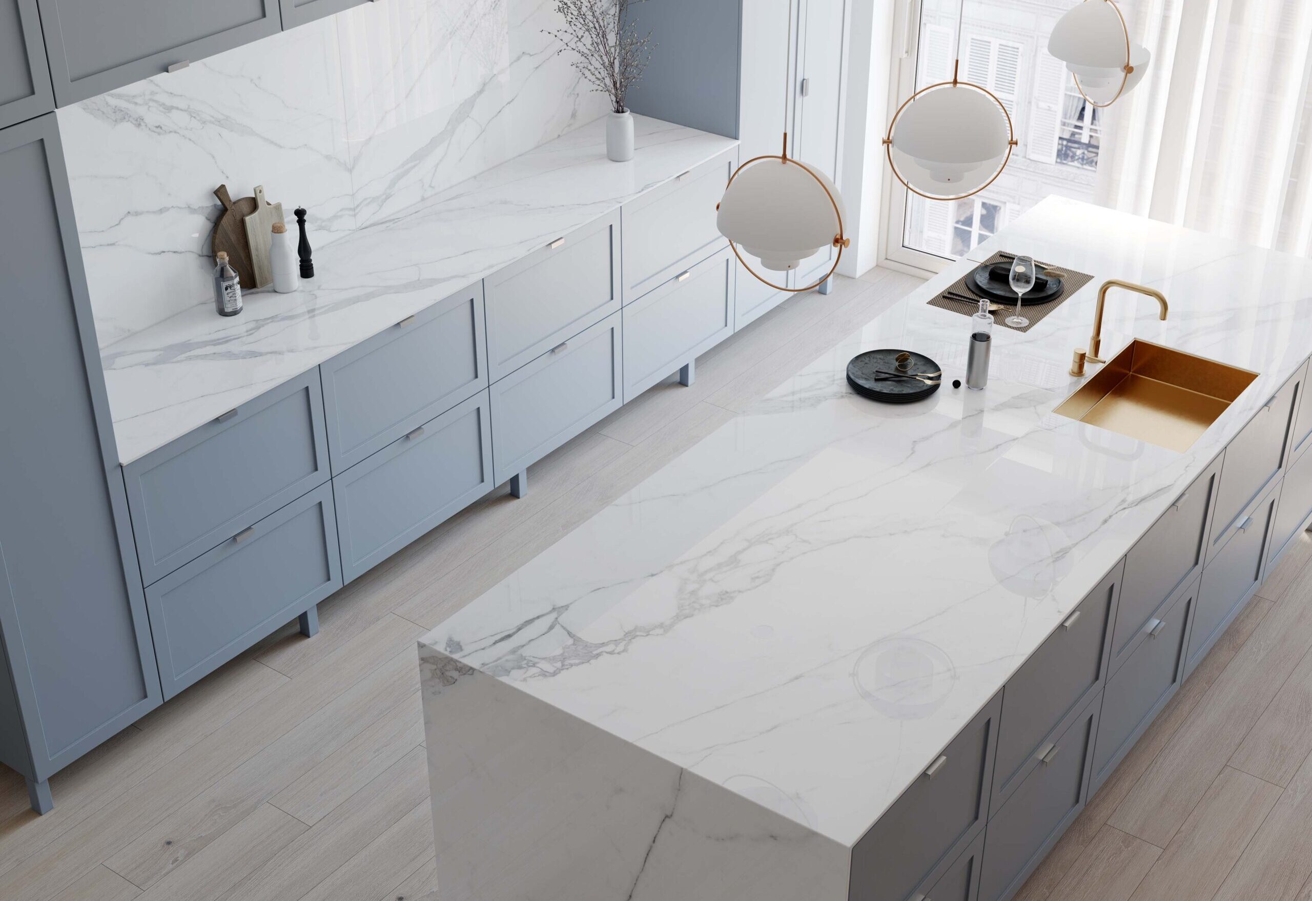 TERACANTO-Statuario Bianco-kitchen-OA - R & D Marble, Inc. High angle view of a light grey toned kitchen with white Teracanto porcelain countertops in the shade statuario bianco.