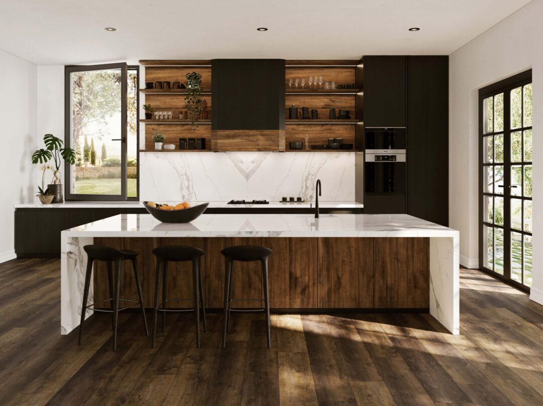 Are Porcelain Countertops Expensive? Cost vs Value Explained Interior view of a luxury kitchen with a Teracanto porcelain island, countertops, and backsplash in the shade Statuario Bianco by LX Hausys.