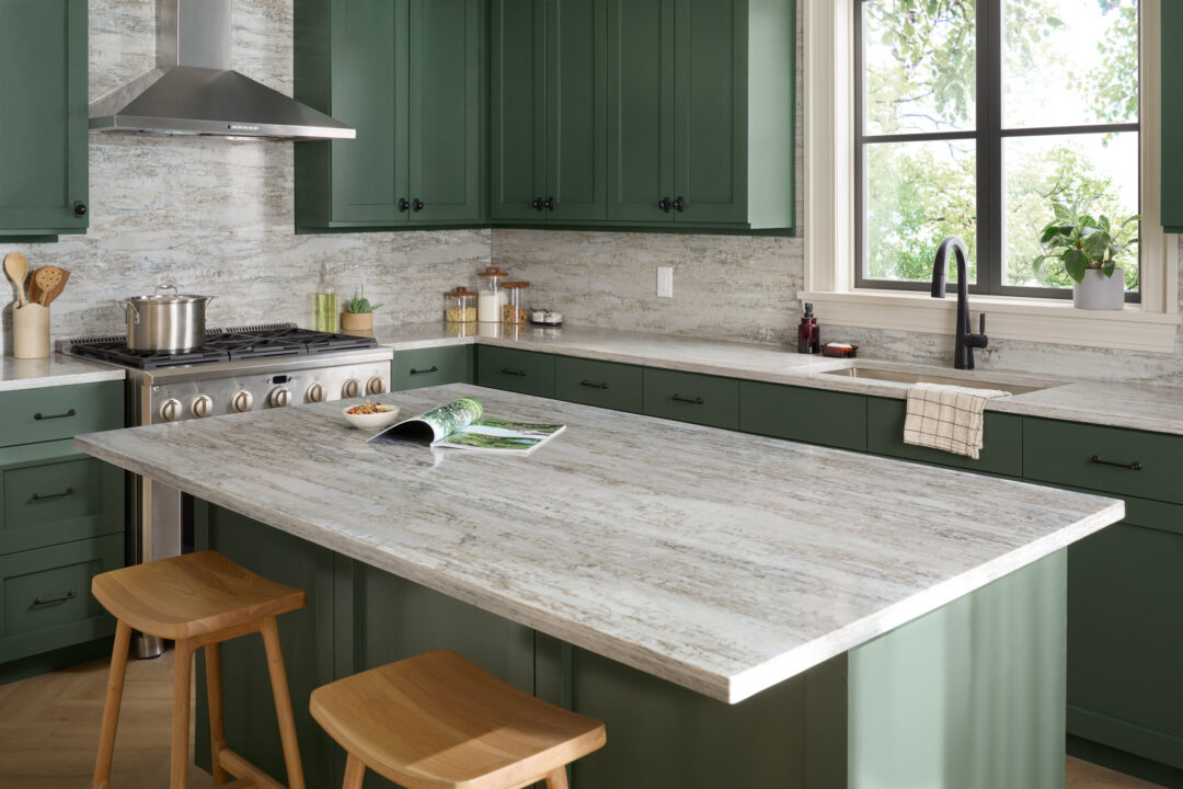 A green kitchen with a Viatera quartz eased edge kitchen island.