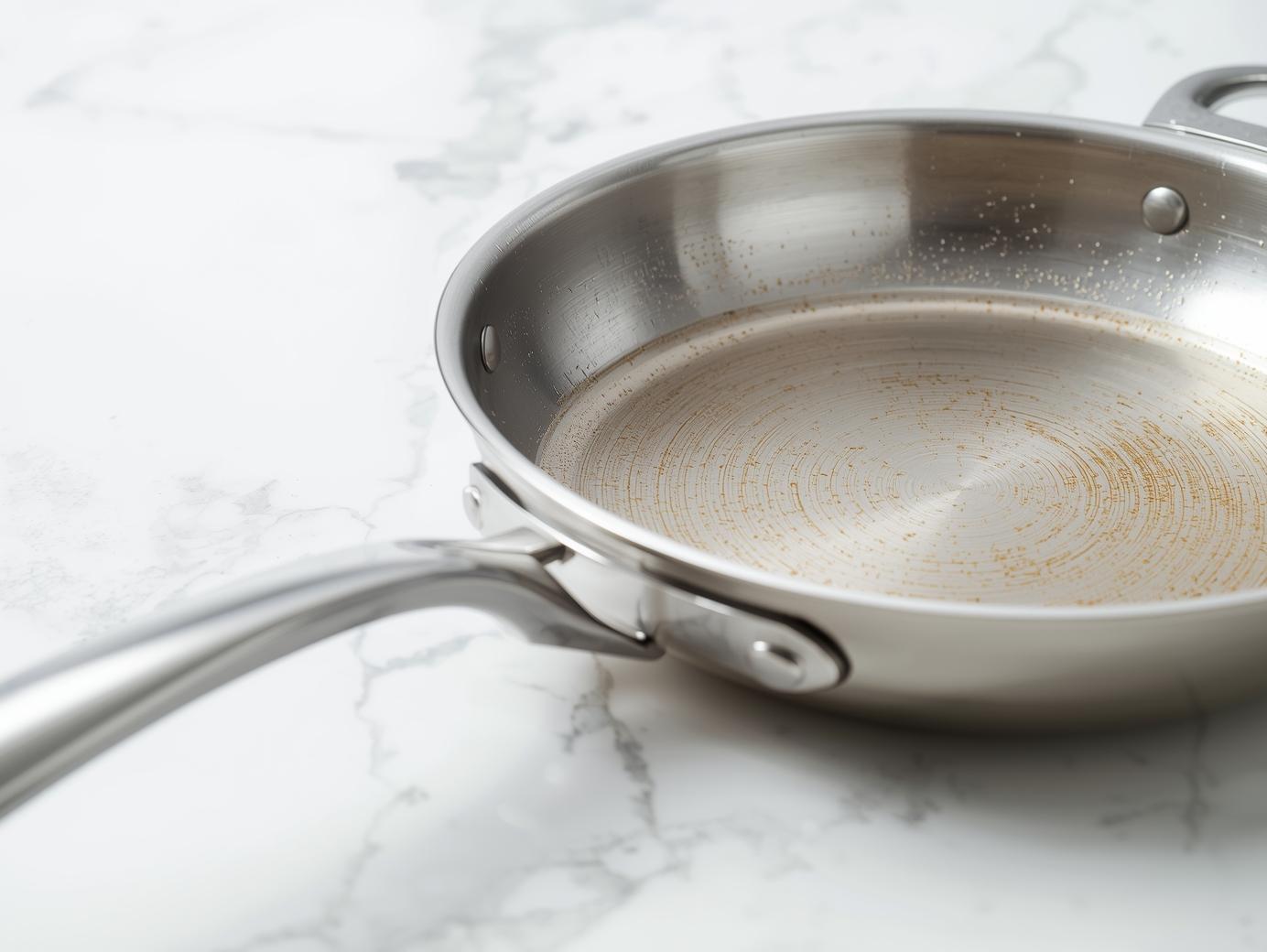 A high-quality professional stock photo, a close-up shot of a gleaming, stainless steel frying pan with visible heat radiating from it, placed on a pristine white porcelain countertop. The composition is clean and minimalist, with bright, even lighting that highlights the sharp details of the pan's surface and the smooth texture of the countertop.