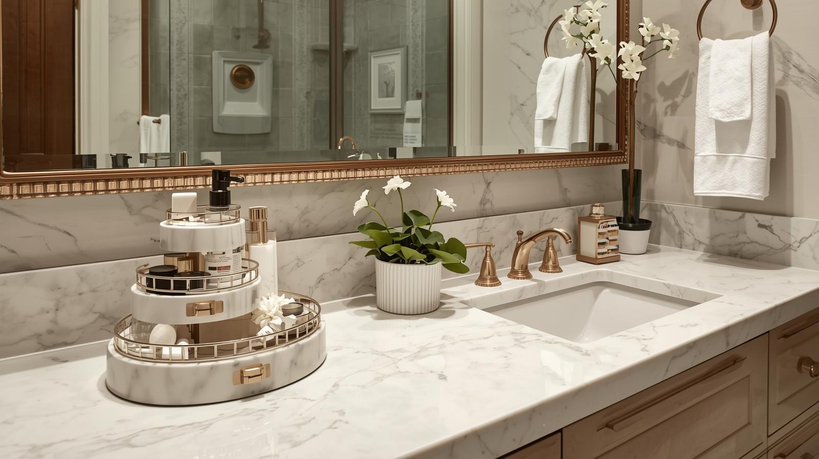 A luxurious bathroom counter crafted from polished white quartz or elegant porcelain, featuring multi-level organizers designed for enhanced storage and visual appeal. These tiered organizers are artfully arranged on the counter's surface, acting as decorative elements that complement the sophisticated ambiance.