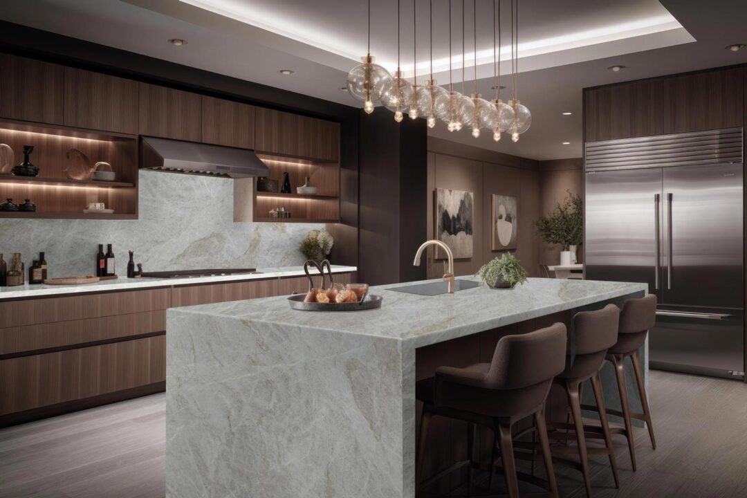 A luxury kitchen with warm toned cabinetry and marble countertops, backsplash, and waterfall island. 