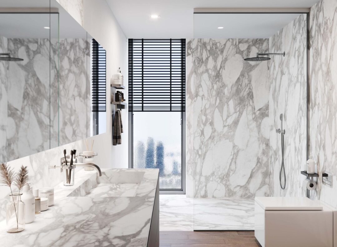 Rendered image of a high end residential bathroom with porcelain large panel walls in the shower, floor, and on the vanity sink.