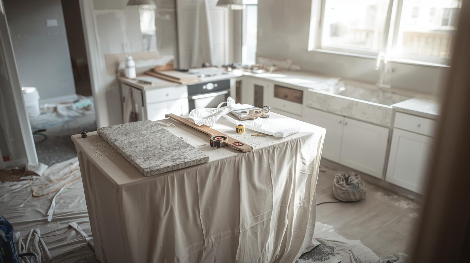 How Long Does It Take to Install Countertops On Average? A realistic, medium shot of a bright, modern kitchen undergoing renovation. Tools and materials for countertop installation are neatly arranged on a covered island, including a slab of granite, a saw, and measuring tape. Dust sheets cover the floor and cabinets, with visible signs of ongoing work such as partially removed old countertops. The scene is bathed in soft, natural light streaming from a nearby window.