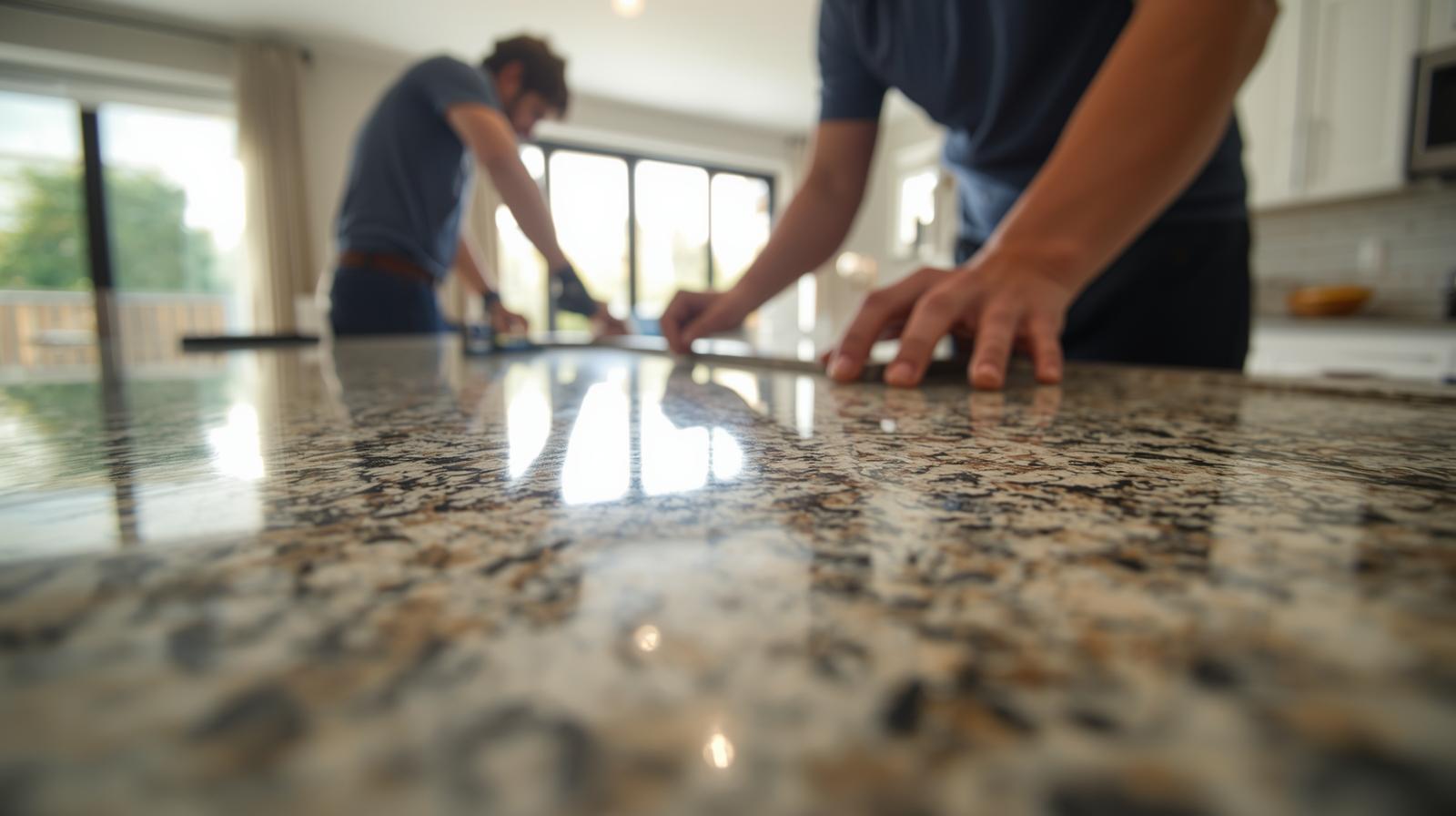 - R & D Marble, Inc. A close-up, eye-level shot focusing on the skilled hands of installers carefully fitting a new granite countertop into a modern, sunlit residential kitchen. The image highlights the smooth, polished surface of the stone and the precise workmanship, with a shallow depth of field blurring the background to emphasize the installation process. The color palette is warm and earthy, with subtle hints of natural light reflecting off the countertop. The style is realistic photography, capturing the textures of the stone and the tools used.